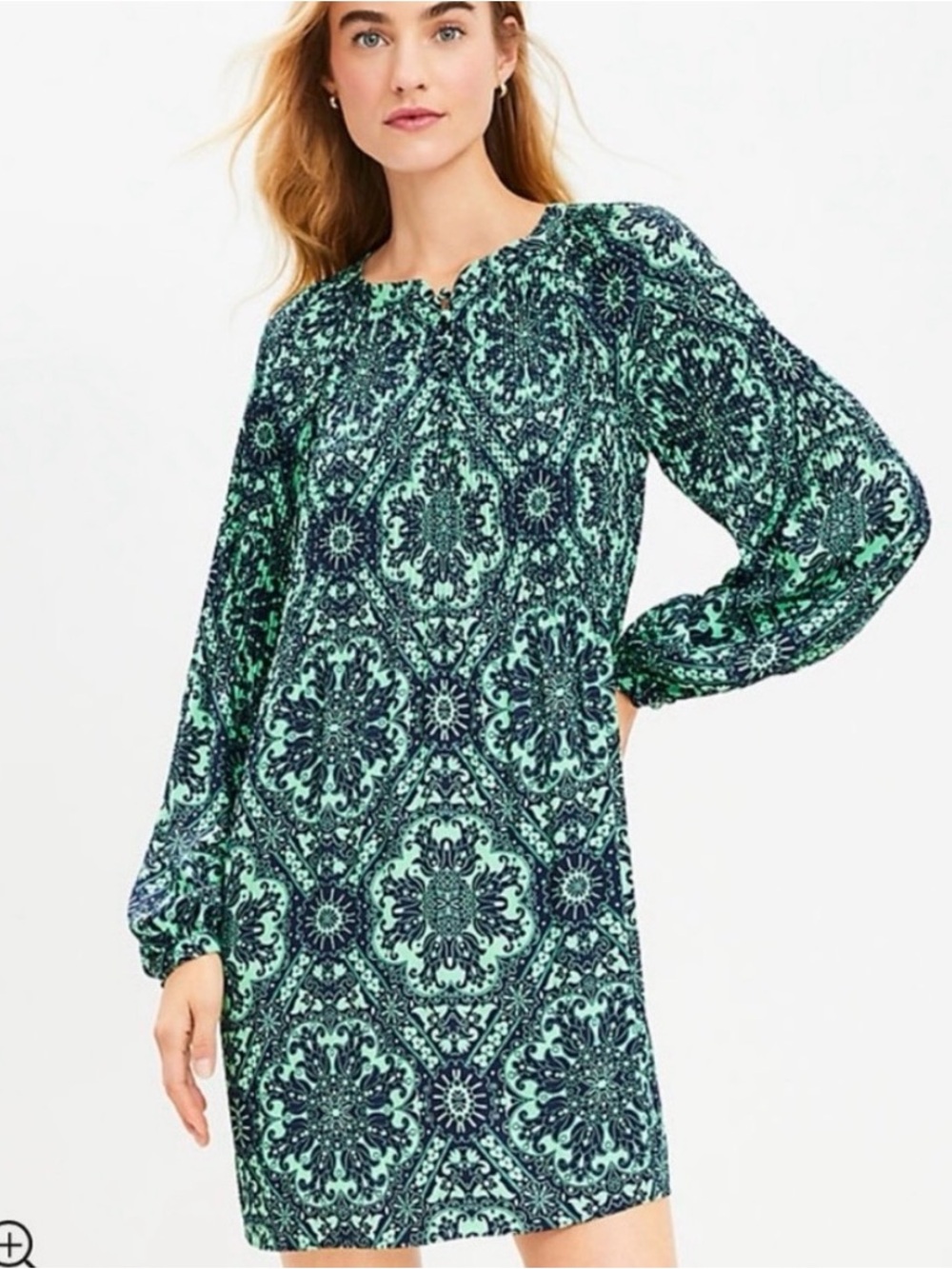 LOFT Green & Navy Patterned Long Sleeve Tunic Dress
